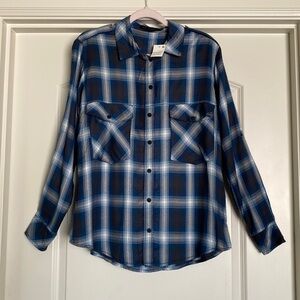 NWT- Sanctuary boyfriend shirt Blouse Womens Oversized plaid Teal/Navy Size S
